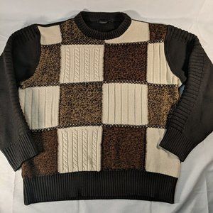 Point Vintage Merino Wool Sweater Brown Cream Squares Knit Pullover Womens M